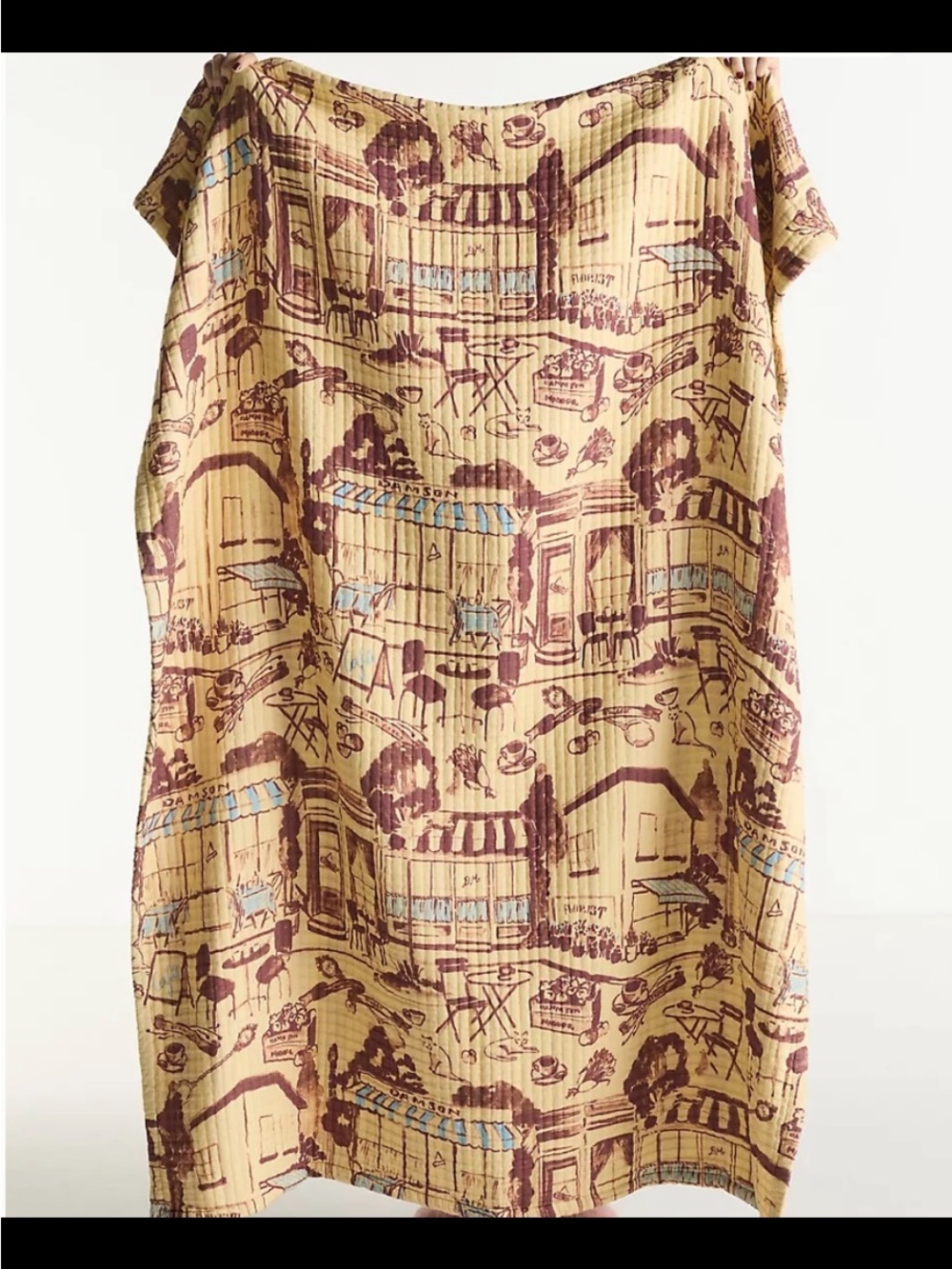 Anthropologie Damson Madder Cotton Beige Cafe-Scene Printed Throw